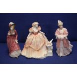 TWO COALPORT FIGURINES "LADY HARRIET AND ENGLISH ELEGANT" TOGETHER WITH AN UNMARKED FIGURINE