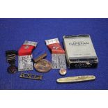A QUANTITY OF MEDALS, ADVERTISING PLAYING CARDS, PEN KNIFE ETC