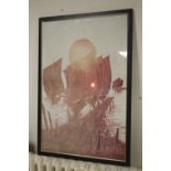 A FRAMED REVERSIBLE PRINT DEPICTING SHIPS