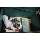 A TIN TRUNK CONTAINING DINKY MILITARY VEHICLES, MAGAZINES ETC