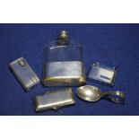 A WHITE METAL HIP FLASK, 2 LIGHTERS , A VESTA AND A SPOON