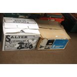 A BOXED SET OF SALTER SCALES TOGETHER WITH A PROJECTOR