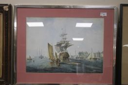 A FRAMED AND GLAZED PRINT DEPICTING A GALLEON