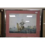 A FRAMED AND GLAZED PRINT DEPICTING A GALLEON