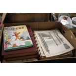 A TRAY CONTAINING A PAIR OF WAR ILLUSTRATED VINTAGE BOOKS, RUPERT BOOK AND A LARGE QUANTITY OF WAR