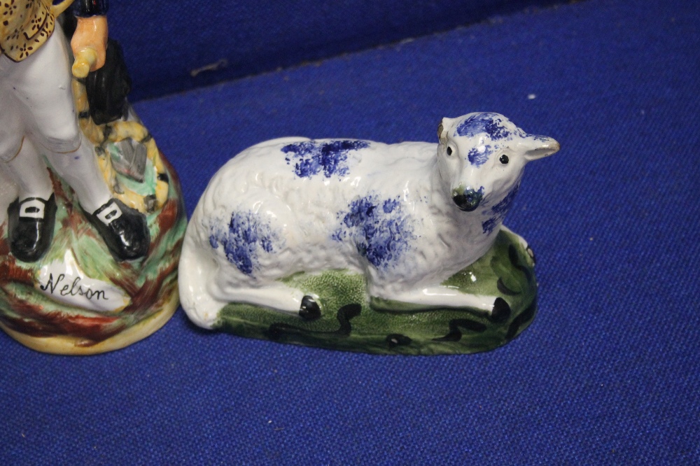 TWO CONTINENTAL STYLE FIGURES TOGETHER WITH A STAFFORSHIRE STYLE FIGURE OF A SHEEP - Image 3 of 3