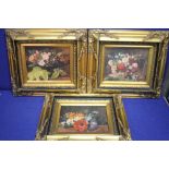 THREE GILT FRAMED OILS ON CANVAS OF FLOWERS 43 CM X 38 CM