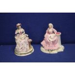 A ROYAL WORCESTER FIGURINE 'EMBROIDERY' TOGETHER WITH A COALPORT FIGURINE 'MAY QUEEN'