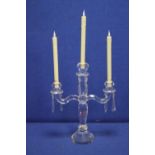 A GLASS THREE BRANCH CANDLEABRA