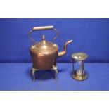 A COPPER KETTLE ON BRASS STAND AND A BRASS EGG TIMER