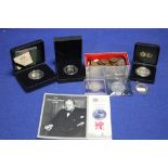 A COLLECTION OF ASSORTED COINS TO INCLUDE ROYAL MINT FIVE POUND COIN, CHURCHILL COIN ETC