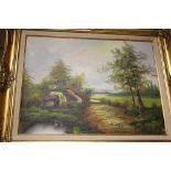 A GILT FRAMED OIL ON CANVAS OF A COUNTRYSIDE SCENE 64 CM X 69 CM