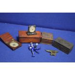 A BOX OF COLLECTABLES TO INCLUDE 2 CARVED BOXES, A MINIATURE BRASS ANVIL AND A COMPASS ETC