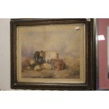 A FRAMED AND GLAZED WATERCOLOUR DEPICTING CATTLE SIGNED ANNA D CLOSE