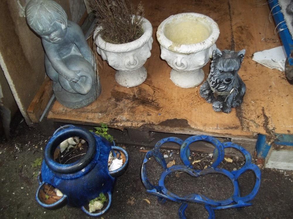 TWO CONCRETE GARDEN STATUES AND 2 CONCRETE URNS ETC