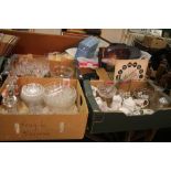 THREE TRAYS OF GLASSWARE AND CERAMICS TOGETHER WITH A TRAY OF ASSORTED RECORDS, BOOKS ETC (TRAYS NOT