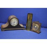 TWO MANTLE CLOCKS TOGETHER WITH A BRASS TRENCHART SHELL CASE