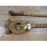 A VINTAGE BAMBOO WALKING CANE TOGETHER WITH AN UNUSUAL WOODEN WALKING STICK (2)