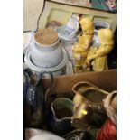 TWO TRAYS OF ASSORTED STONEWARE AND STUDIO POTTERY ETC TO INCLUDE SET OF POTTERY BOOKENDS,