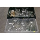 TWO BOXES OF ASSORTED GLASSWARE TO INCLUDE MARTINI GLASSES, COCA COLA, CUT GLASS, BRANDY GLASSES