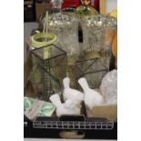 THREE TRAYS OF ASSORTED GLASSWARE AND CERAMICS TO INCLUDE DECANTERS, A SET OF CHEESE PLATES,