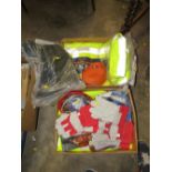 TWO BOXES OF HIGH VIZ JACKETS, WORK GLOVES ETC