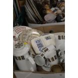 TWO TRAYS OF ASSORTED CERAMICS ETC., TO INCLUDE RETRO MEAKIN COFFEE WARE, NEW DEVON POTTERY,