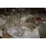 FOUR BOXES OF ASSORTED GLASSWARE TO INCLUDE CUT GLASS EXAMPLES. TWO WHITE STUDIO GLASS BOWLS ETC