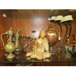 AN ANTIQUE COPPER SAMOVAR TOGETHER WITH A SELECTION OF ASSORTED METAL WARE AND A MODERN BUDDHA