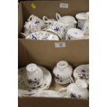 TWO TRAYS OF TEAWARE COMPRISING COALPORT PAGEANT PATTERN AND CROWN STAFFORDSHIRE FLORAL TEAWARE