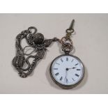 A LADIES SILVER POCKET WATCH ON SILVER ALBERTINE WATCH CHAIN