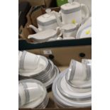 TWO TRAYS OF ROYAL DOULTON ETUDE PATTERN TEA AND DINNERWARE TO INCLUDE TEA AND COFFEE POTS ETC