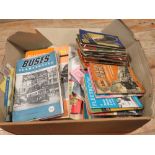 A TRAY OF ASSORTED VINTAGE BUS TIMETABLES, TICKETS ETC