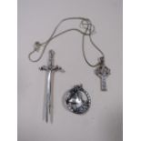 A HALLMARKED SILVER BROOCH IN THE FORM OF A SWORD TOGETHER WITH ANOTHER BROOCH AND PENDANT NECKLACE