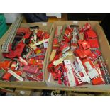 TWO TRAYS OF ASSORTED FIRE ENGINES AND VEHICLES TO INC A MOGHUL FIRE FIGHTER, TIN PLATE TRUCK ETC