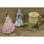 A MUSICAL STERLING CASTLE CERAMIC TANKARD TOGETHER WITH TWO ROYAL WORCESTER FIGURES - BOTH WITH