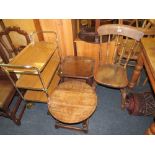 A TRADITIONAL ELM KITCHEN CHAIR, TWO OAK OCCASIONAL TABLES AND A TROLLEY (4)