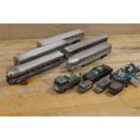 A SMALL COLLECTION OF VINTAGE CONTINENTAL TRAINS AND CARRIAGES PLUS A SELECTION OF DIE CAST VEHICLES