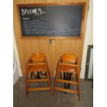 TWO CHILDS HIGH CHAIRS AND A FRAMED BLACKBOARD TOGETHER WITH A PLANT (4)