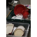 THREE TRAYS OF ASSORTED KITCHENWARE TO INC PRO COOK AND LE CRUESET, PYREX ETC