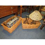 TWO RECTANGULAR BASKETS, TABLE LAMP AND CANDLE STAND (4)