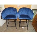 A PAIR OF DARK BLUE VELVET HIGH STOOLS