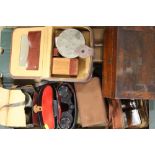 A TRAY OF VARIOUS TREEN BOXES & CAMERAS ETC., SOME BOXES WITH CONTENTS - BUTTONS, SHOE CLEANING