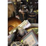 TWO TRAYS OF ASSORTED TREEN AND COLLECTABLES ETC TO INCLUDE CANDELABRA, LANTERN TYPE HOLDERS,