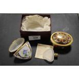 A ROYAL CROWN DERBY 1128 TRINKET TOGETHER WITH A LIMOGES PORCELAIN HEART SHAPED TRINKET CONTAINING