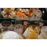 TWO TRAYS OF ASSORTED GLASSWARE TO INCLUDE CARNIVAL GLASS, RETRO AND VINTAGE GLASS LAMP SHADES,
