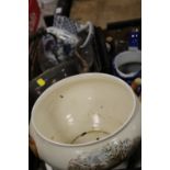 A TRAY OF ASSORTED CERAMICS, GLASS AND METALWARE ETC TO INCLUDE A SPODE HUNTING THEME TWIN HANDLED