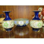 A PAIR OF ROYAL DOULTON STONEWARE VASES TOGETHER WITH A BOWL - THE BOWL HAVING DAMAGES