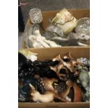 TWO BOXES OF ASSORTED CERAMICS AND COLLECTABLES TO INCLUDE FIGURINES, CROWN DEVON BISCUIT BARREL