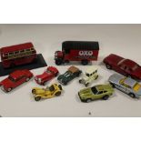 A LARGE BOX OF PLAYWORN DIE CAST / TIN PLATE VEHICLES TO INCLUDE CORGI, LLEDO , TONKA ND HOT